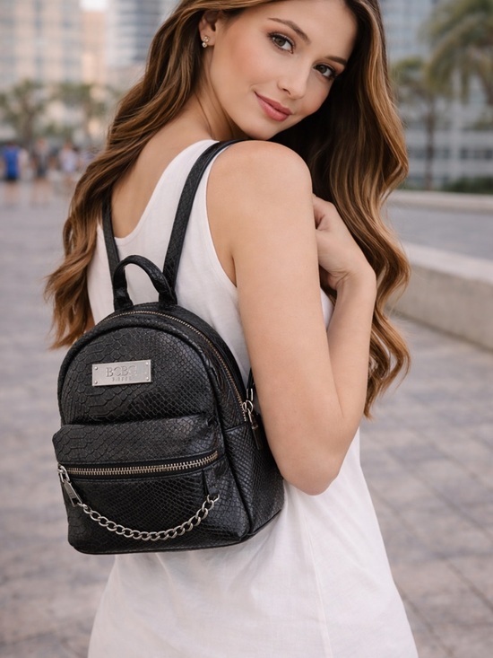 Handbags - BCBG Paris Black Faux Snakeskin Mini Backpack Chain Detail